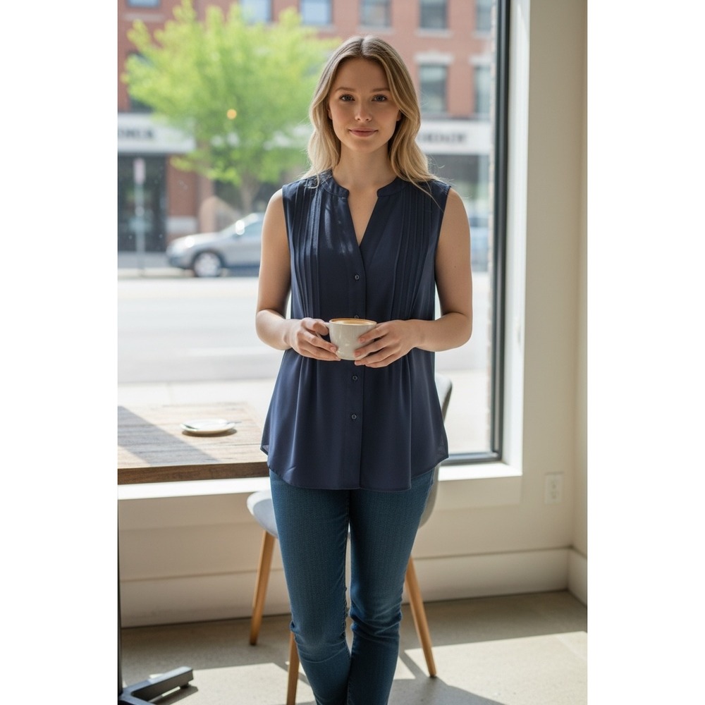 Joan Vass New York Stormy Night Blue Pleated V Neck Sleeveless Blouse Medium NWT